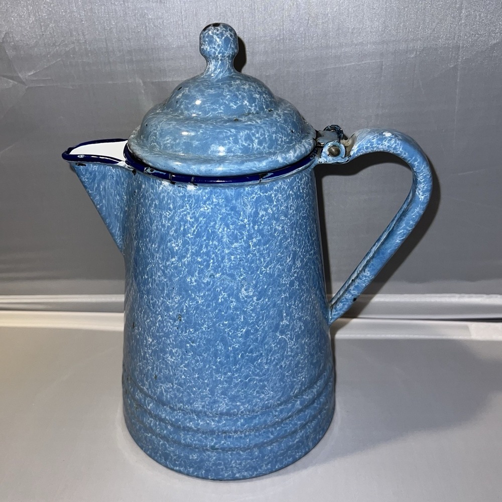 Vintage Blue White Splatter Enamelware Coffee Pot Graniteware Style Farmhouse